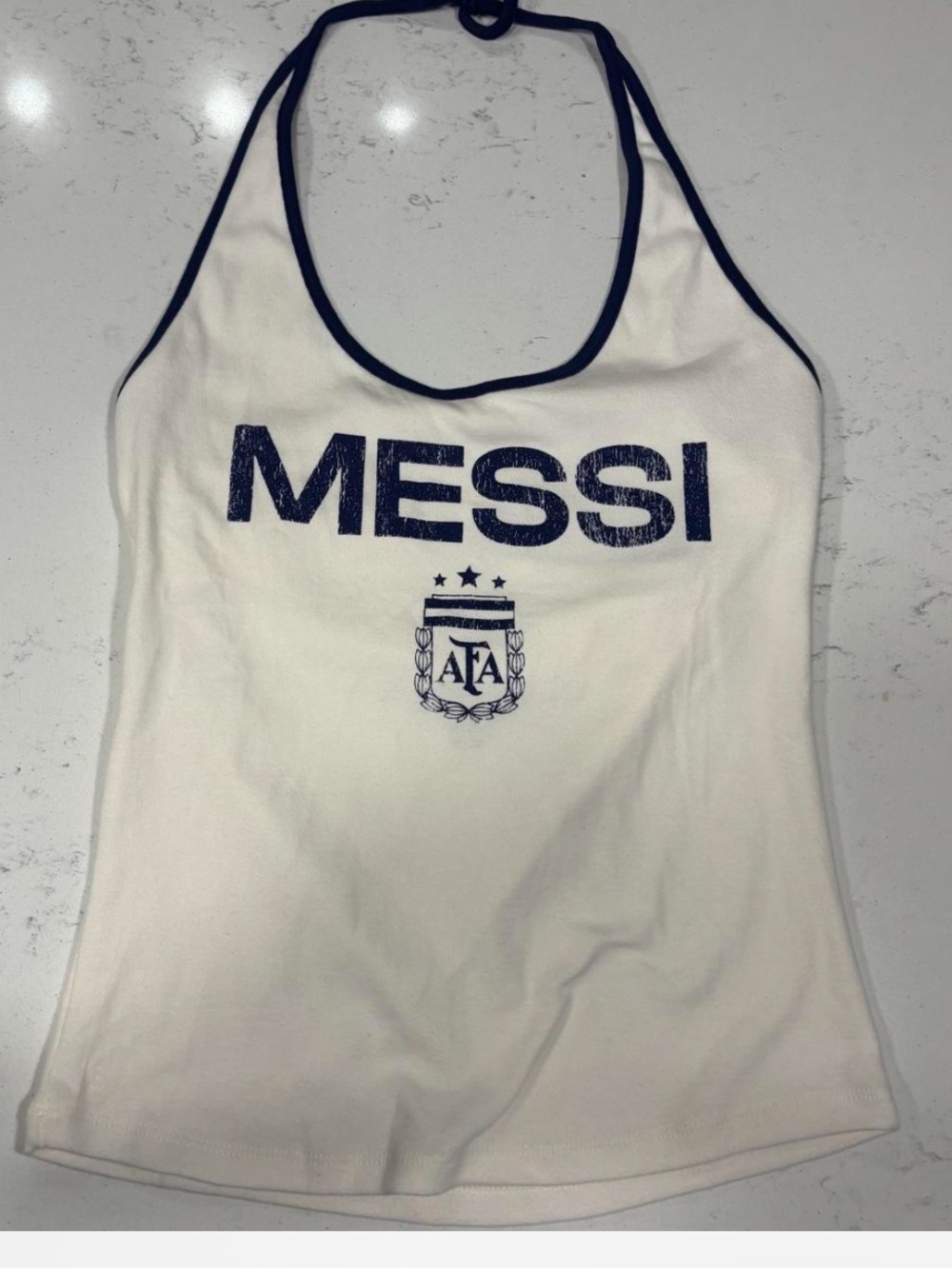 MESSI White Halter Tank Top with Navy Trim soccer